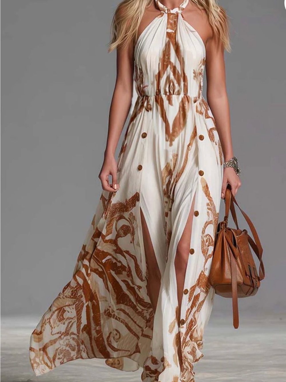 Boho Halter Maxi Dress in Ivory and Brown - Picture 2 of 10